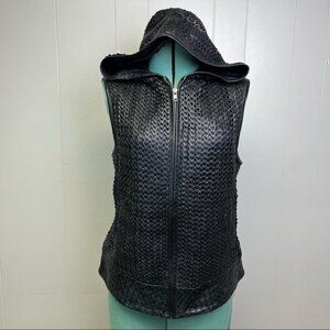 Vintage 80s Woven Braided Black Leather Jacket Sleeveless Hooded Vest Size Large